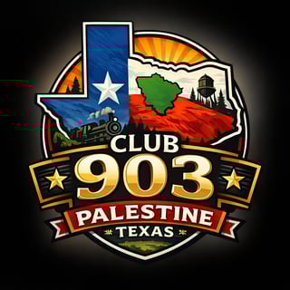 Club 903 Palestine Texas logo featuring Texas star, state map, train, and landscape elements with gold banner design